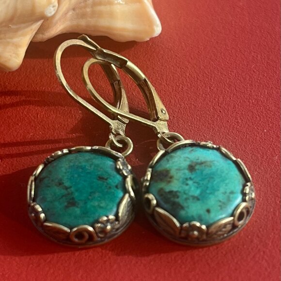 African Turquoise Earrings, Antiqued Brass Floral Setting, Boho Drop Earrings - Picture 3 of 5